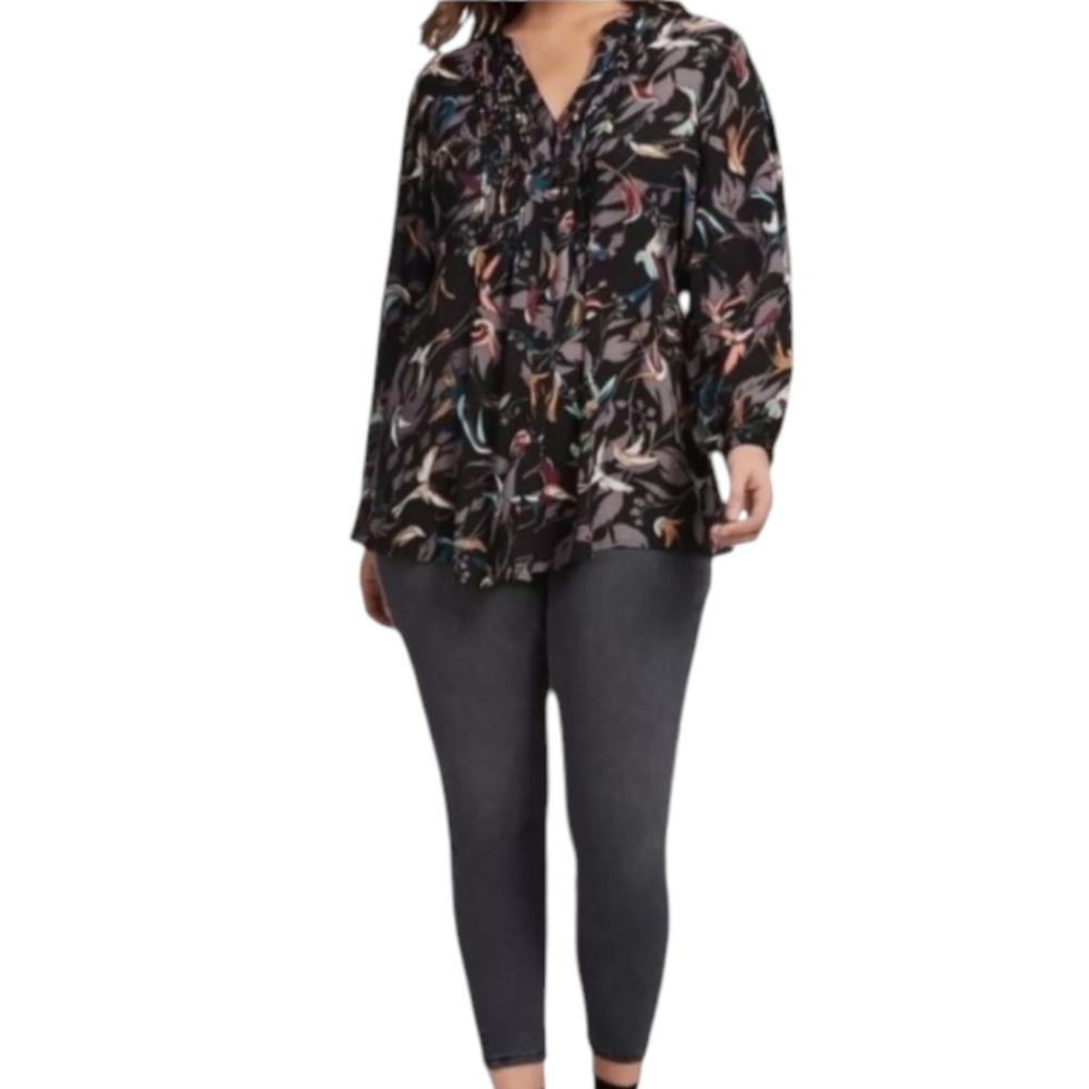 Melissa McCarthy Seven7 Women's Pintuck Blouse Bird Print Black Size 4X